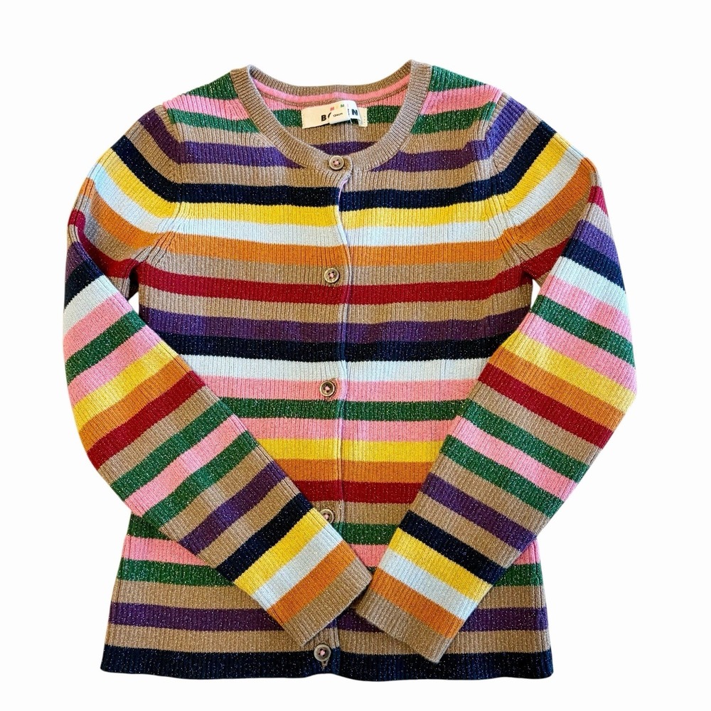 Mini Boden Metallic Striped Cardigan Sweater Girls 8-9Y Rainbow Colorful Cotton